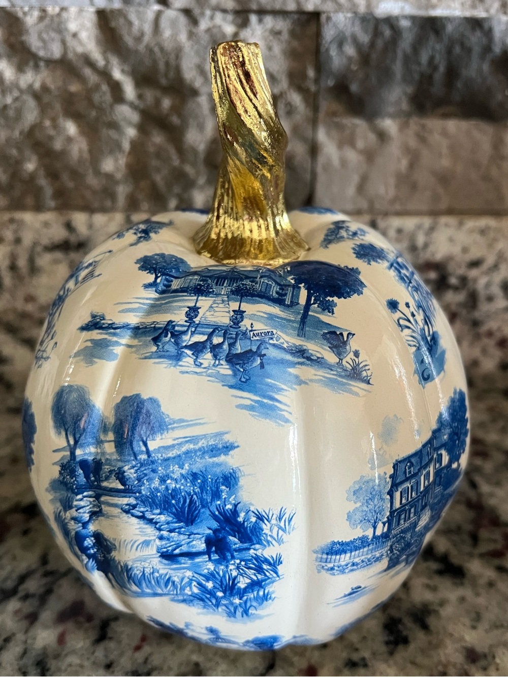 Mackenzie-Childs Royal Toile Small Pumpkin with Gold stem. New in Box! - Picture 4 of 10